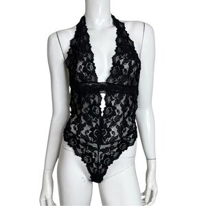 Elegant Sheer Black Lace Plunging Neck Open Back Halter Bodysuit‎
